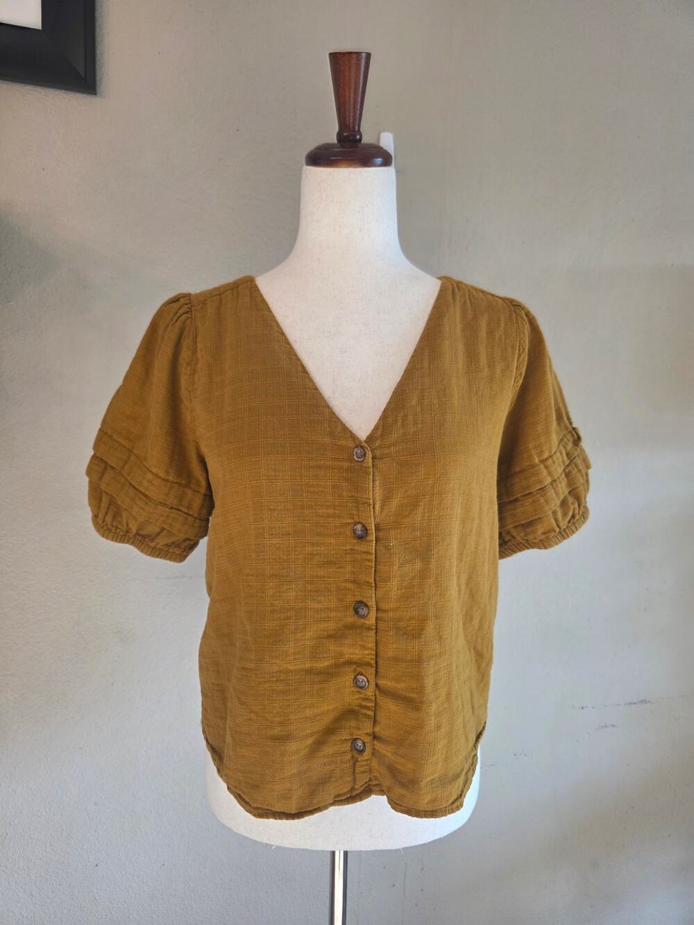 Madewell Pembroke 100% Cotton Top Bronzed Lichen SZ Medium Puff Sleeve Boho